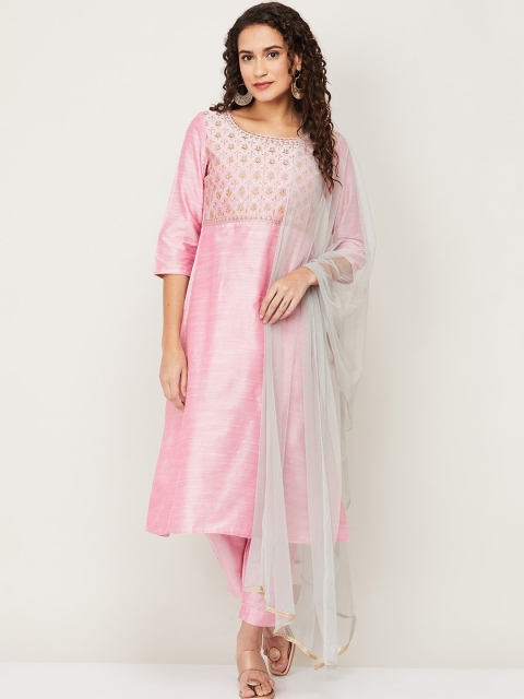 

Melange by Lifestyle Women Pink Ethnic Motifs Yoke Design Kurta with Trousers & With Dupatta