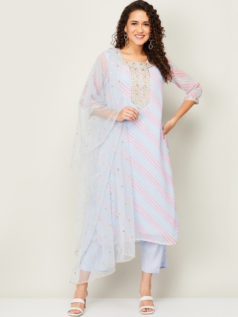 

Melange by Lifestyle Women Pink Leheriya Printed Yoke Design Kurti Set With Dupatta