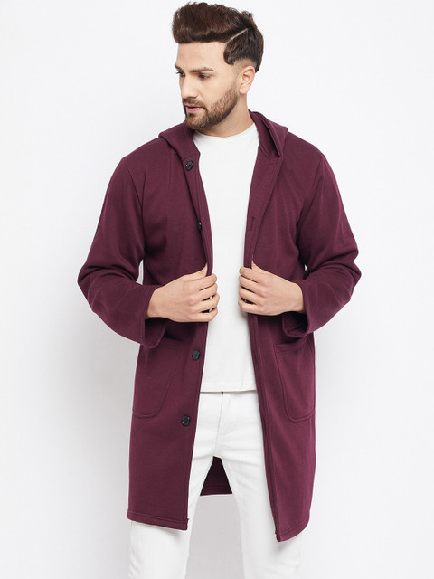 

FUGAZEE Men Maroon Solid Hooded Oversized Fit Trench Coat