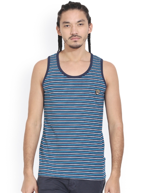 

Wear Your Mind Men Blue Striped Round Neck Sleeveless T-shirt