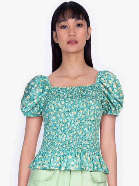 

ZALORA BASICS Women Blue & Beige Floral Print Smocked Top