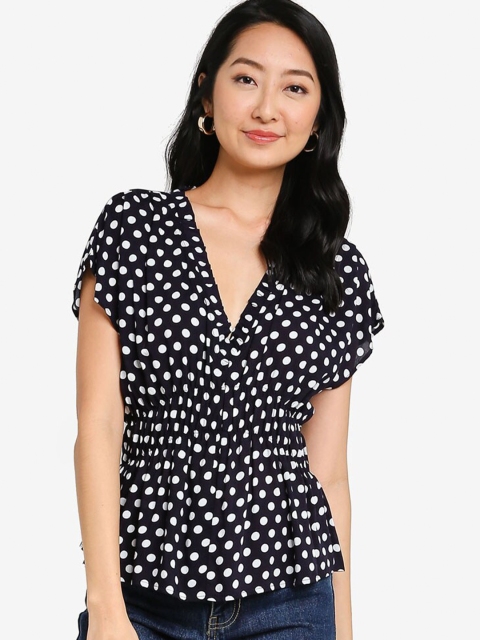 

ZALORA BASICS Black & White Print Extended Sleeves Cinched Waist Top