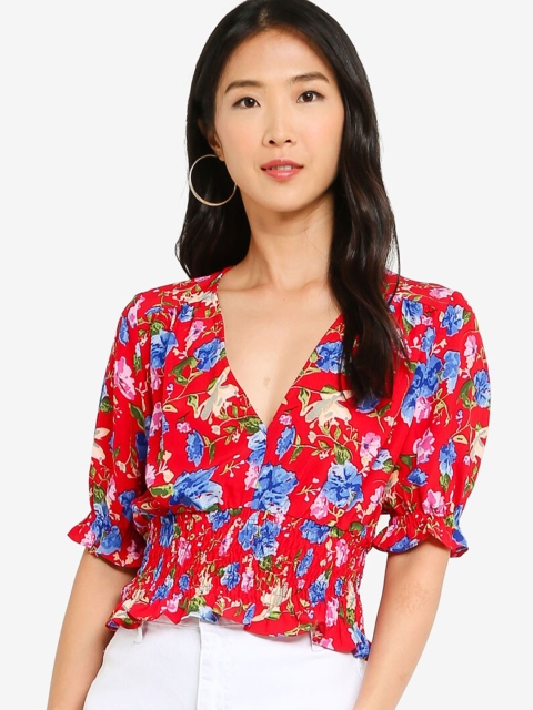 

ZALORA BASICS Women Red & Blue Floral Printed Cinched Waist Top