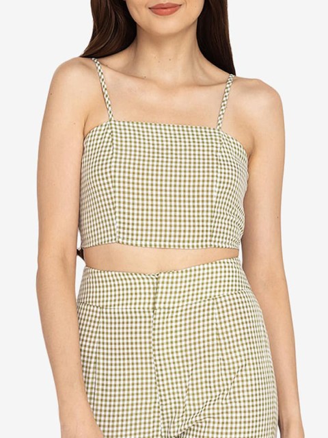 

ZALORA BASICS Beige & White Checked Smocked Bardot Crop Top