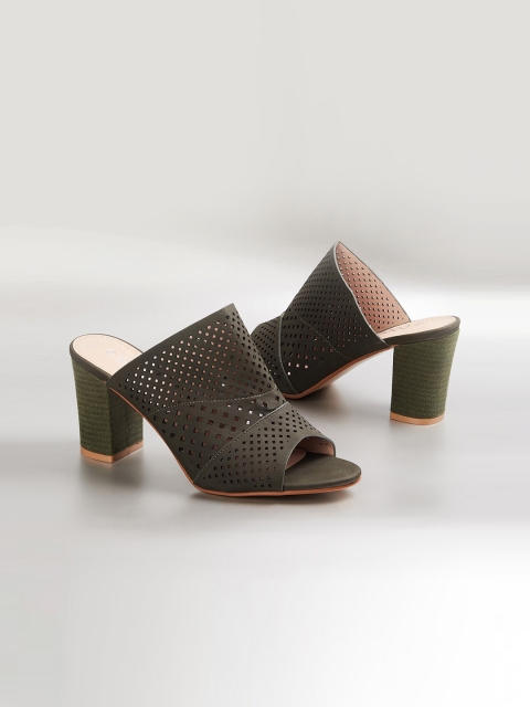 

CODE by Lifestyle Olive Green Textured Block Mules with Laser Cuts