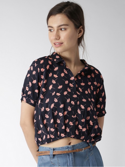 

Mast & Harbour Women Navy & Peach Printed Crop Shirt, Navy blue