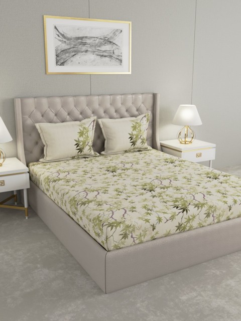 

Trident Cream-Coloured & Olive Green Floral 210 TC King Bedsheet with 2 Pillow Covers