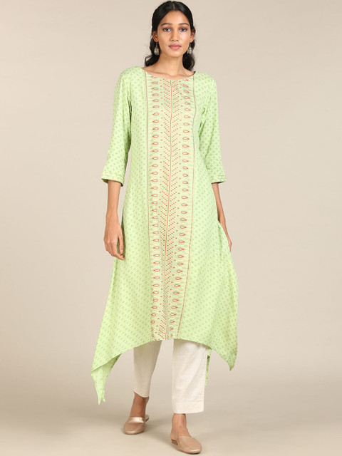 

Karigari Women Lime Green Ethnic Motifs Printed Asymmetric A-line Kurta