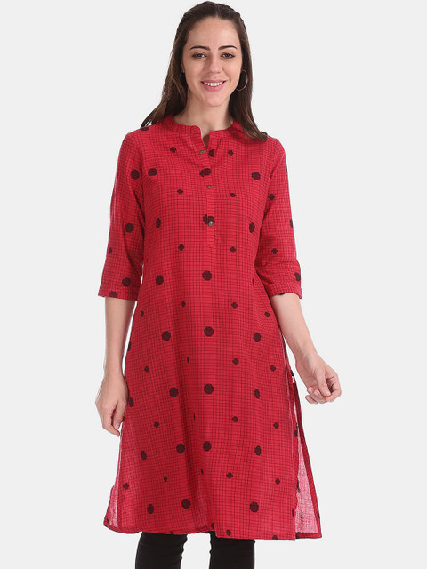 

Karigari Women Red Checked Pure Cotton A-line Kurta