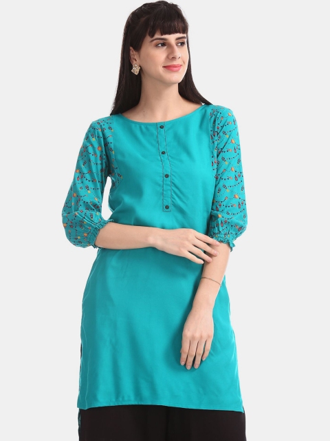 

Karigari Women Sea Green Printed High-Low Kurta