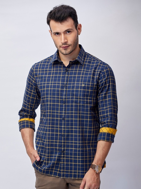 

J Hampstead Men Navy Blue Classic Slim Fit Checked Formal Shirt