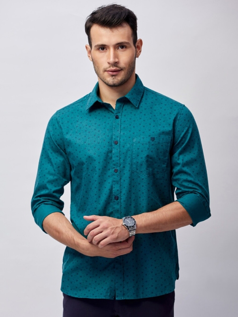 

J Hampstead Men Teal Green Classic Slim Fit Floral Printed Cotton Formal Shirt
