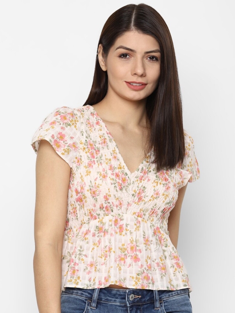 

AMERICAN EAGLE OUTFITTERS Cream-Coloured & Pink Floral Print Pure Cotton Top