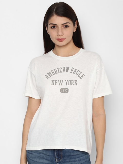 

AMERICAN EAGLE OUTFITTERS Women White & Grey Brand Logo Printed Pure Cotton T-shirt
