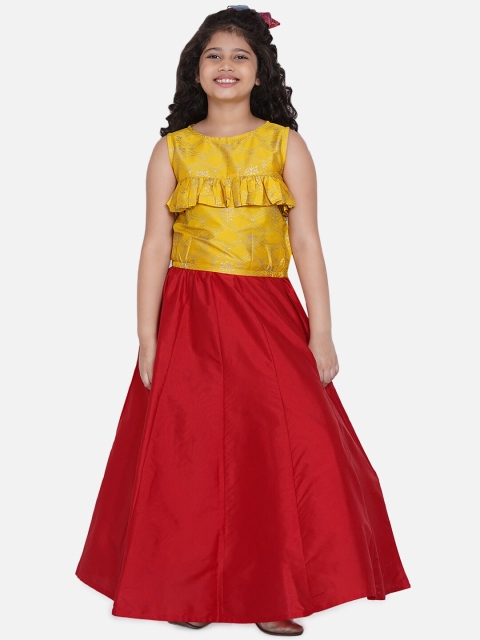 

Bitiya by Bhama Girls Red & Yellow Printed Ready to Wear Lehenga &