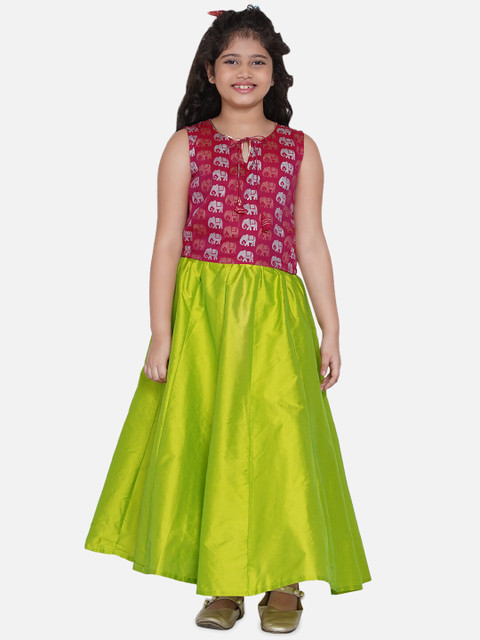 

Bitiya by Bhama Girls Lime Green & Pink Printed Ready to Wear Lehenga Choli
