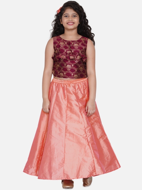 

Bitiya by Bhama Girls Peach-Coloured & Burgundy Printed Ready to Wear Lehenga Choli