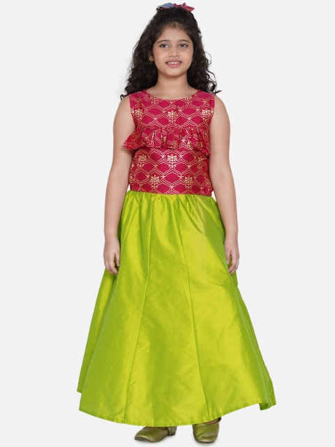 

Bitiya by Bhama Girls Lime Green & Pink Printed Ready to Wear Lehenga Choli