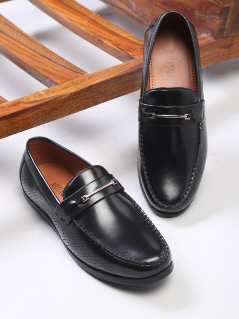 

MUTAQINOTI Men Black Perforations Patent Leather Loafers