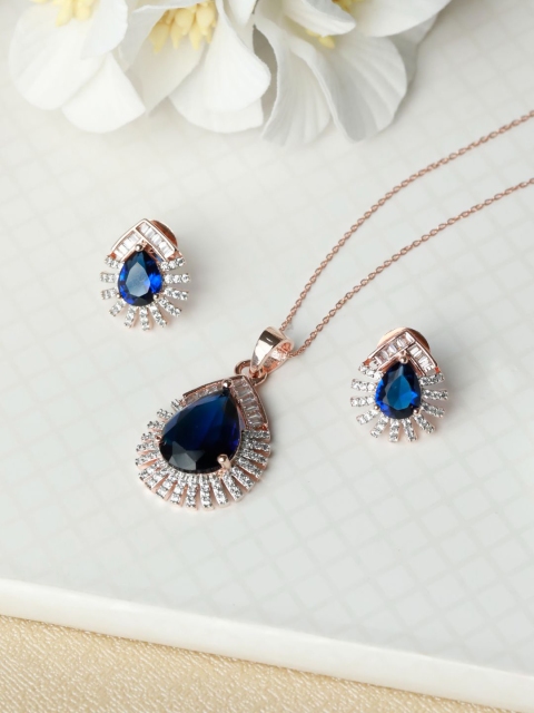 

Priyaasi Blue-Toned & Rose-Gold-Plated AD-Studded Tear Drop Pendant & Earring Set