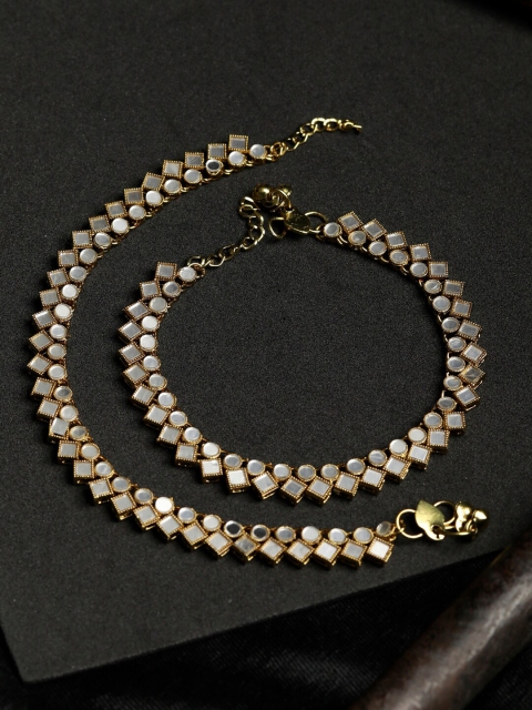 

Priyaasi Set Of 2 Gold Plated Mirror-Studded & Pearl Beaded Anklets