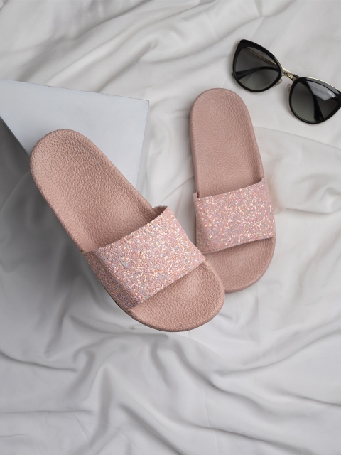 

Shoetopia Women Pink Embellished Rubber Sliders