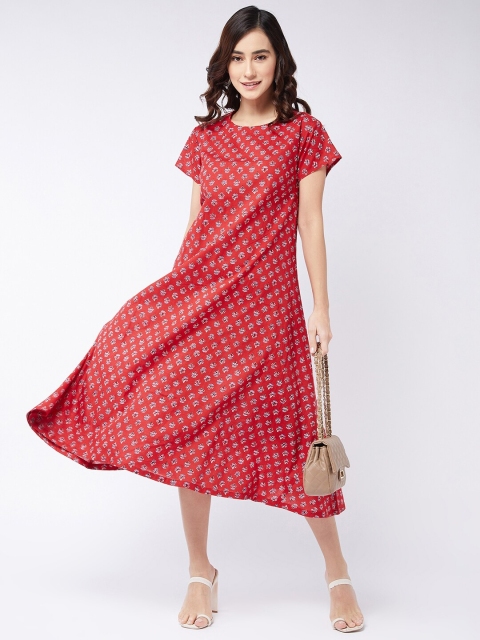 

InWeave Red Ethnic Motifs Block Printed A-Line Midi Dress