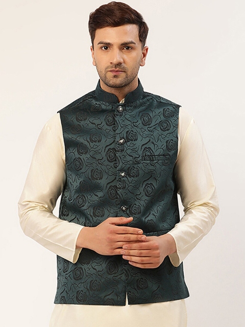 

Jompers Men Teal Green & Black Floral Embossed Nehru Jacket