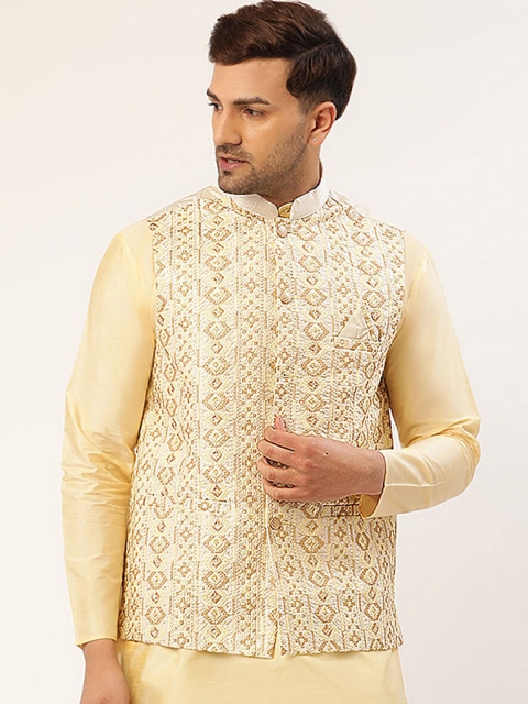 

Jompers Men White & Brown Embroidered Woven Waistcoat
