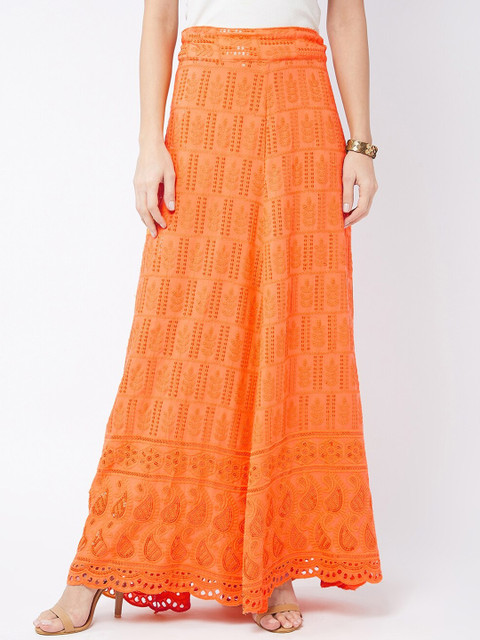 

InWeave Women Orange Chikankari Embroidered Flared Maxi Skirt
