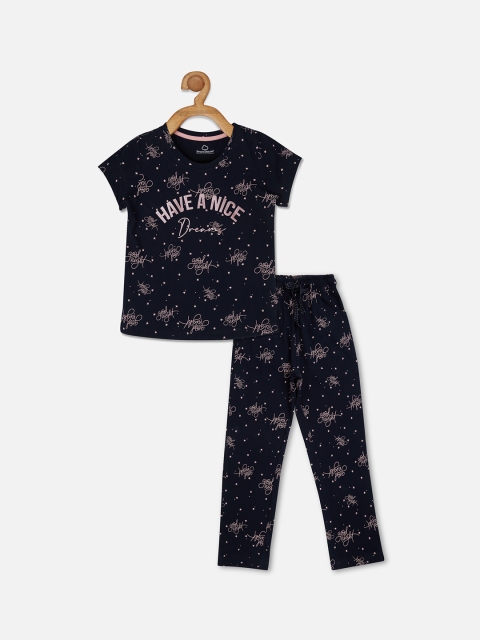 

Sweet Dreams Girls Navy Blue & Peach-Coloured Printed Night suit