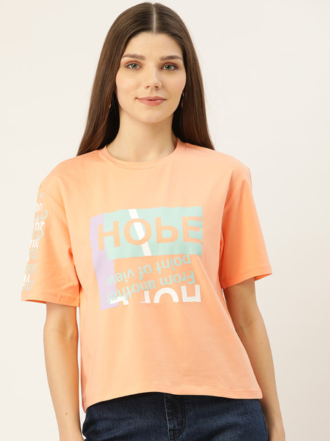 

Madame Women Peach-Coloured Typography Printed Drop-Shoulder Sleeves T-shirt
