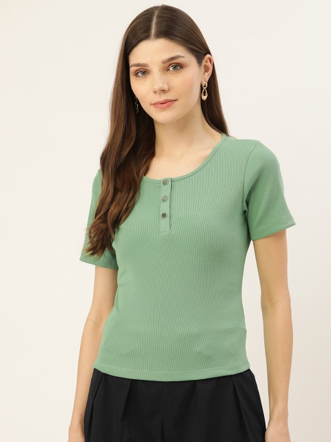 

Madame Olive Green Solid Ribbed Henley Neck Top