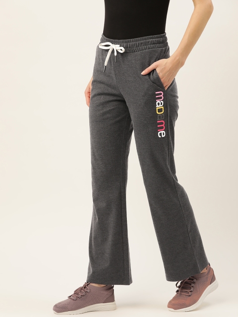 

Madame Women Grey Melange Brand Logo Printed Track Pants