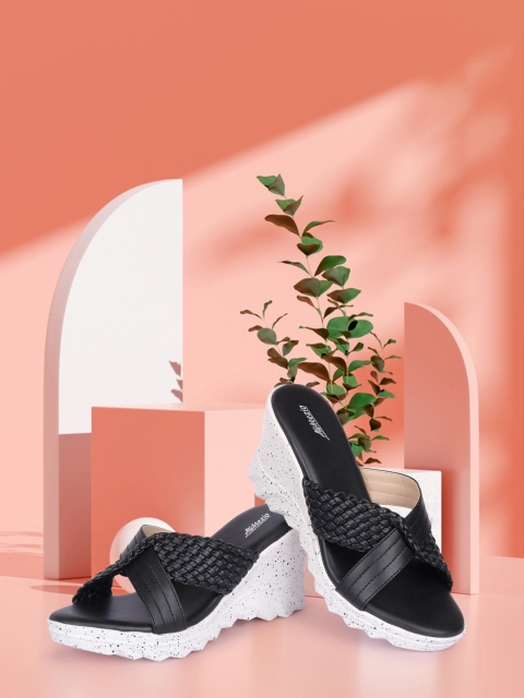 

Alishtezia Black Textured PU Block Sandals with Laser Cuts