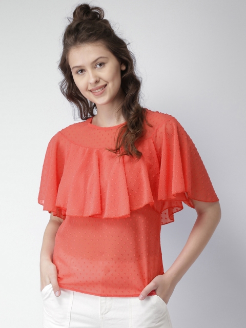 

Mast & Harbour Women Coral Red Self-Design Semi-Sheer Layered Top