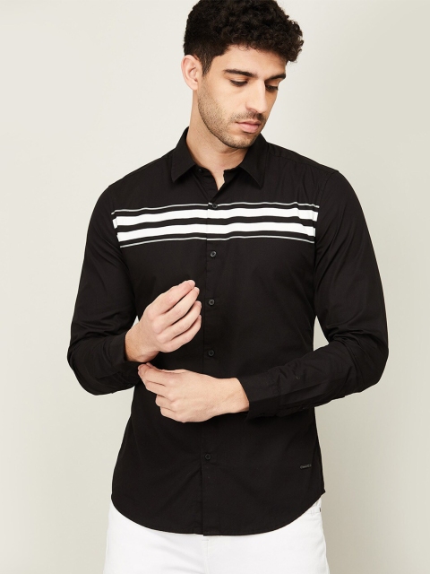

Bossini Men Black Horizontal Stripes Printed Cotton Casual Shirt