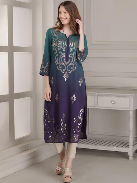 

Lakshita Women Purple & Green Ethnic Motifs Printed Violet Sequin Detail Kurta