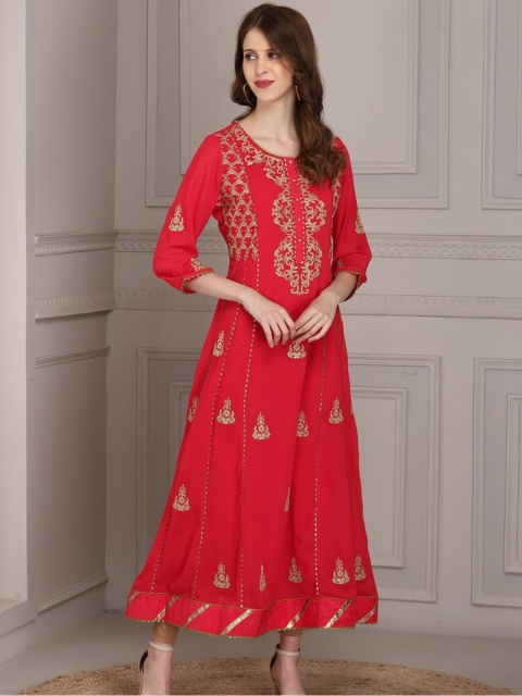 

Lakshita Women Red & Gold-Toned Ethnic Motifs Yoke Design Gotta Patti Kurta