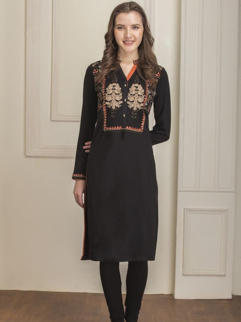 

Lakshita Women Charcoal Floral Yoke Design Thread Work Straight Kurta