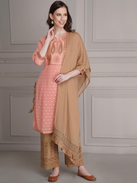 

Lakshita Women Peach-Coloured & Brown Floral Printed Keyhole Neck Kurta
