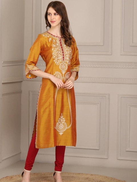 

Lakshita Women Yellow Ethnic Motifs Embroidered Keyhole Neck Cotton Kurta