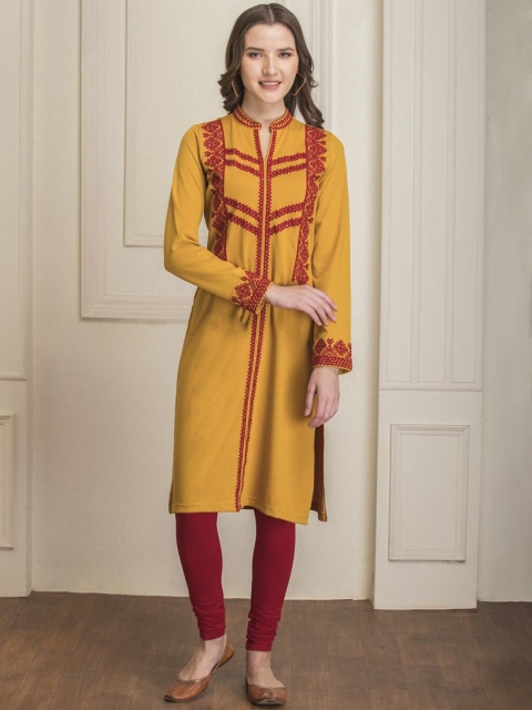 

Lakshita Women Mustard Yellow & Maroon Ethnic Motifs Yoke Design Thread Work Kurta