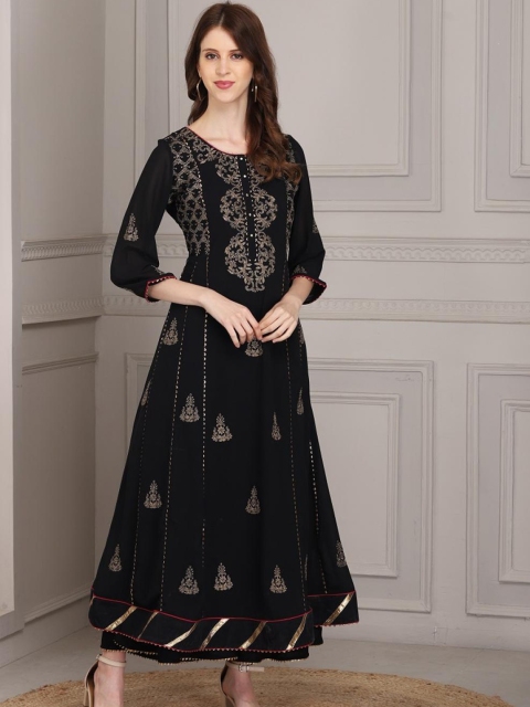 

Lakshita Women Black Ethnic Motifs Printed Gotta Patti A-Line Flared Kurta