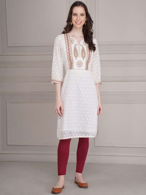 

Lakshita Women White & Beige Ethnic Motifs Thread Work Kurta