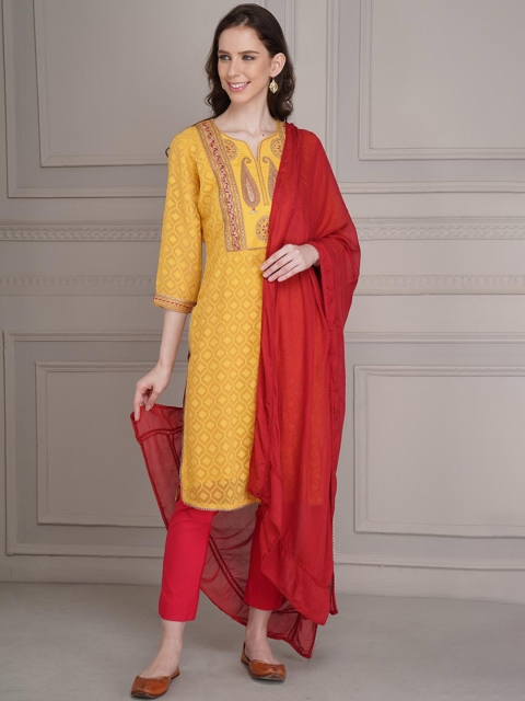 Lakshita Women Yellow Ethnic Motifs Yoke Design Keyhole Neck Thread Work Kurta
