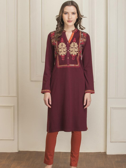 

Lakshita Women Maroon & Beige Floral Yoke Design Thread Work Kurta