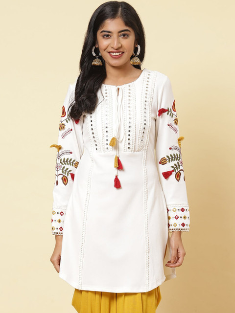 

Lakshita Women White & Red Floral Embroidered Mirror Work Kurta