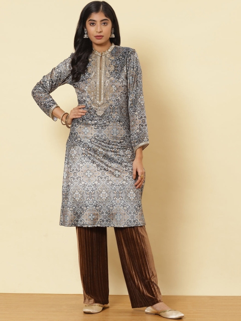 

Lakshita Women Olive Green & Silver-Toned Ethnic Motifs Velvet Kurta