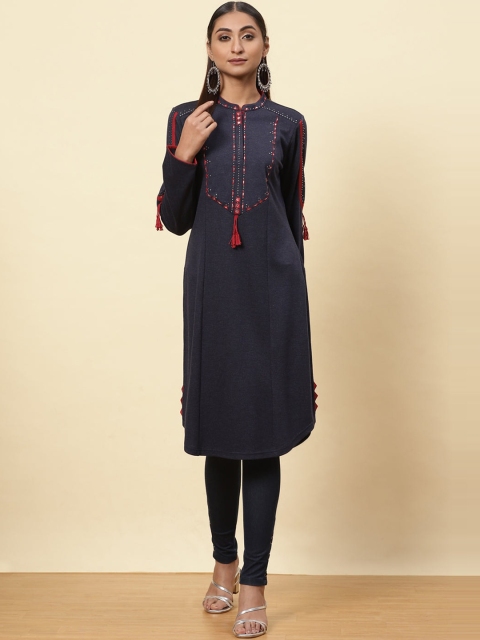 

Lakshita Women Charcoal & Red Embroidered Mirror Work Straight Kurta